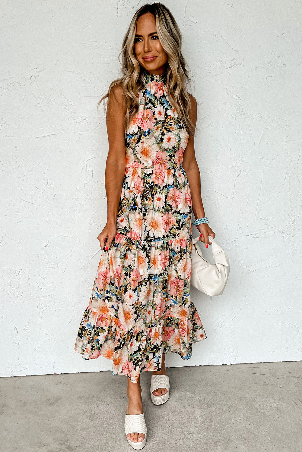 Black Knotted Halter Floral Print Ruffle Tiered Maxi Dress