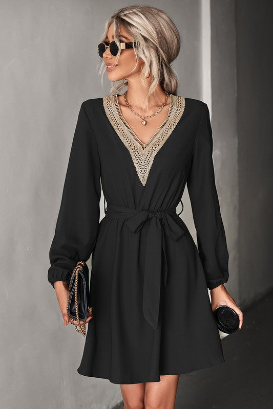 Women's Long Sleeve V Neck Mid Dress