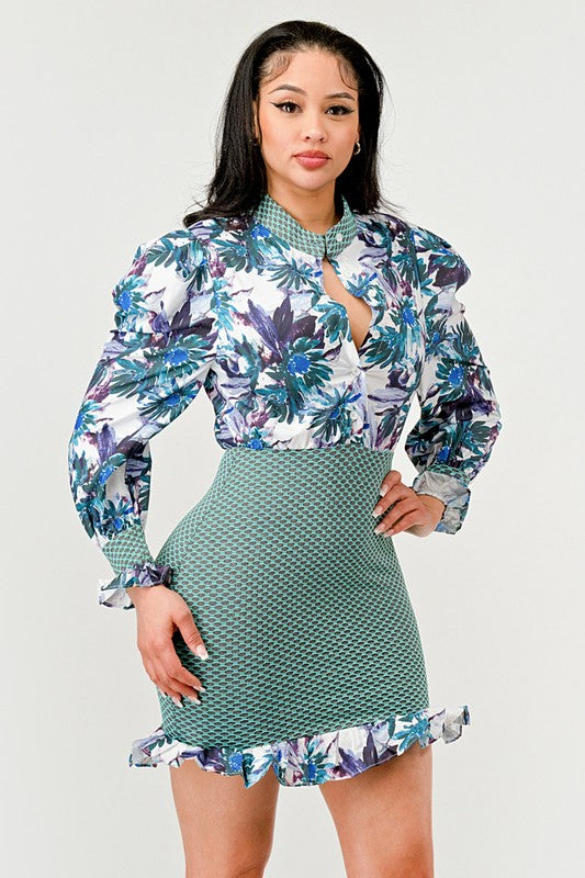 Spring Floral Mesh Contrast Ruffle mini dress