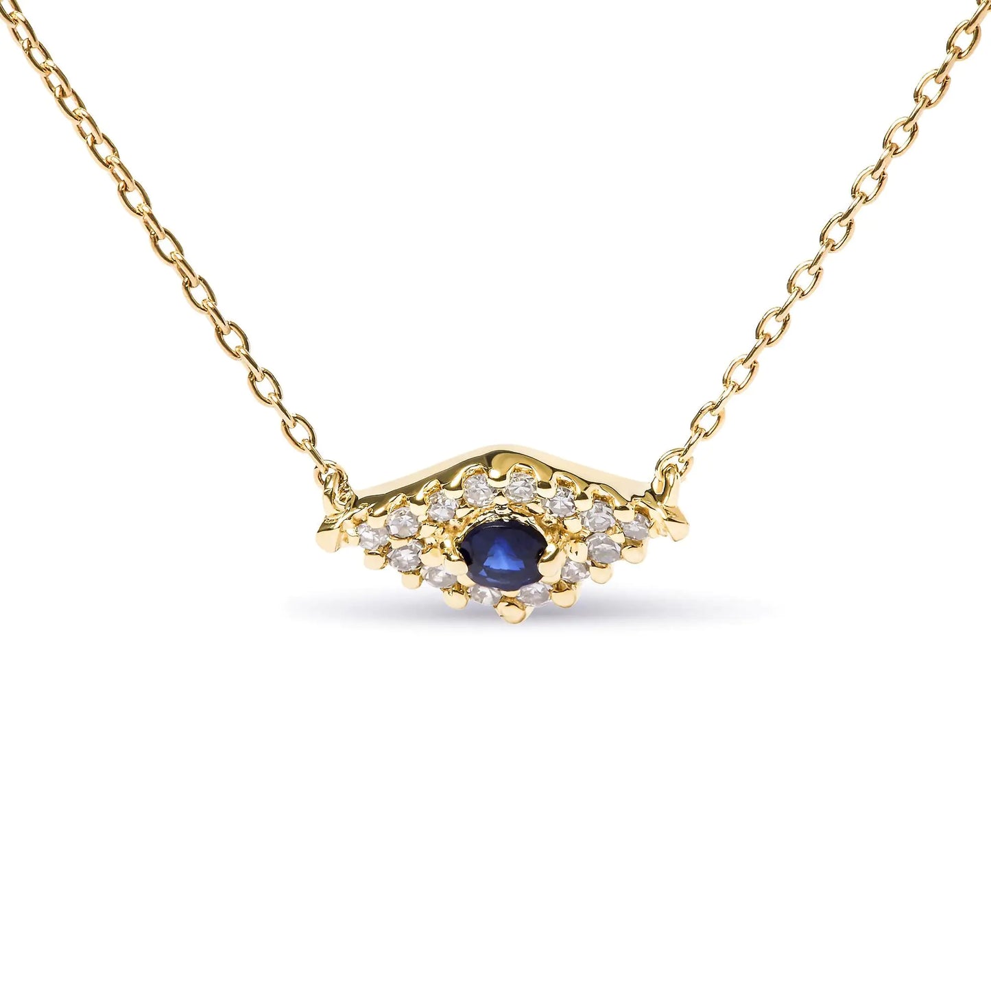 10K Yellow Gold Blue Sapphire and Diamond Accented Evil Eye 18" Inch Pendant Necklace