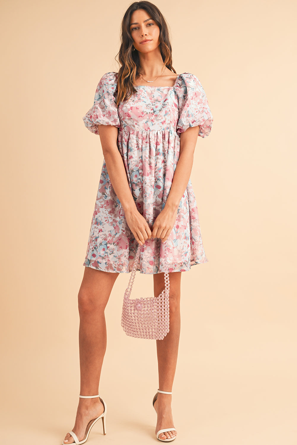 Pink Floral Lantern Sleeve Square Neck Ruffled Mini Dress