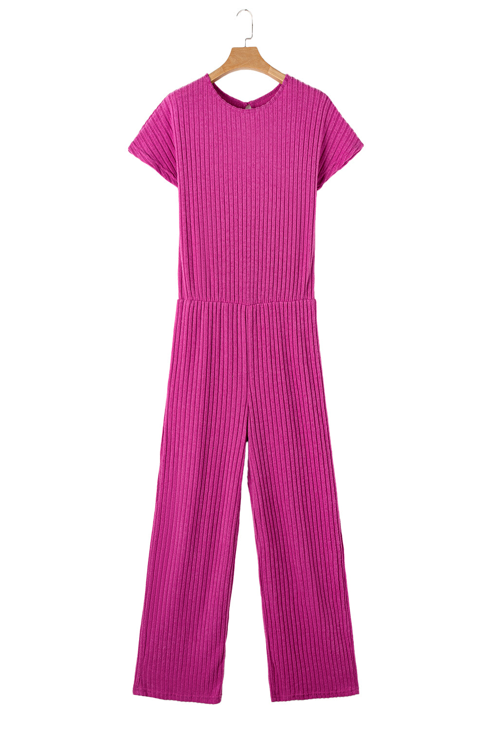 Parchment Solid Color Ribbed Short Sleeve Wide Leg Jumpsuit