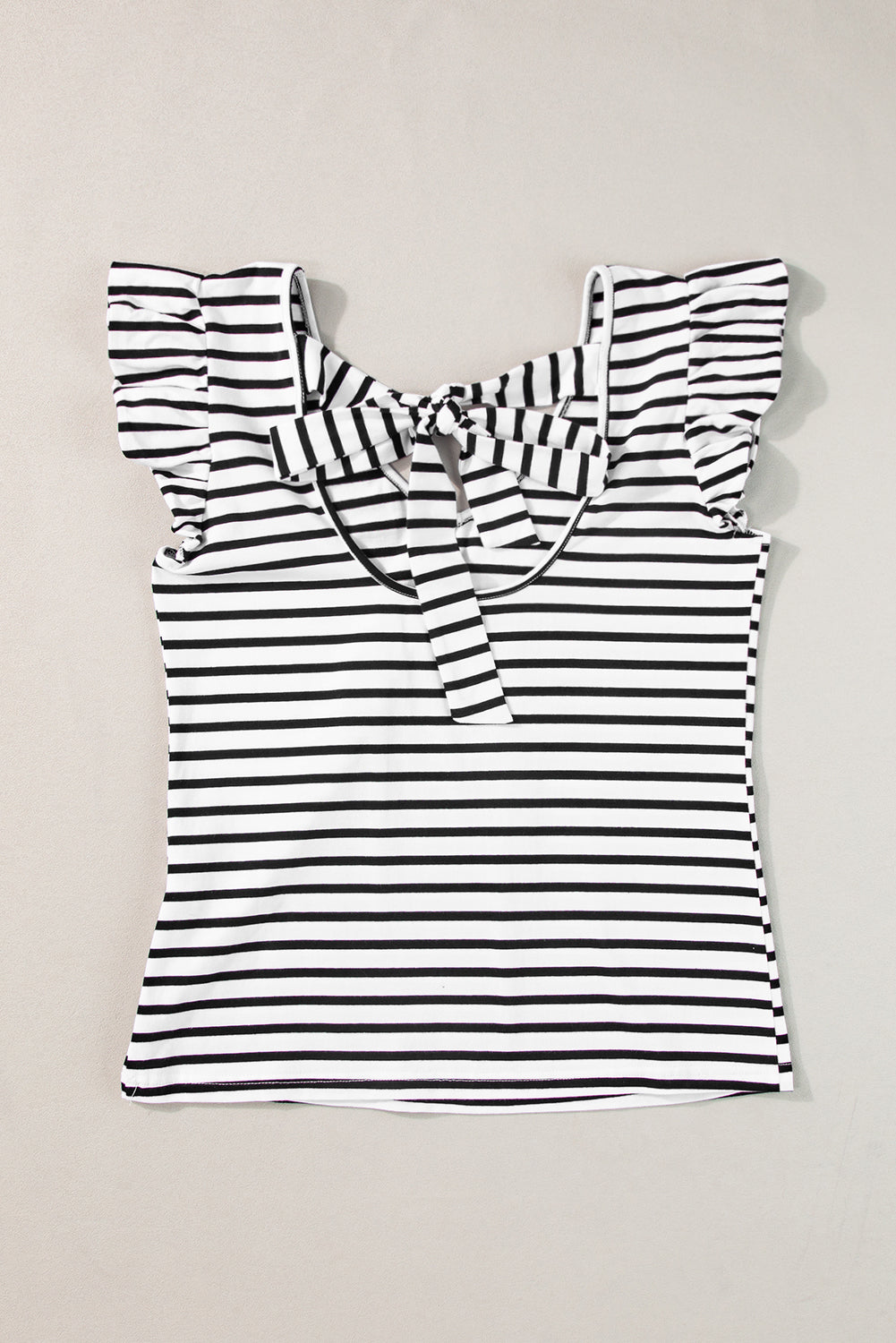 White Stripe V Neck Knotted Backless Ruffle T Shirt