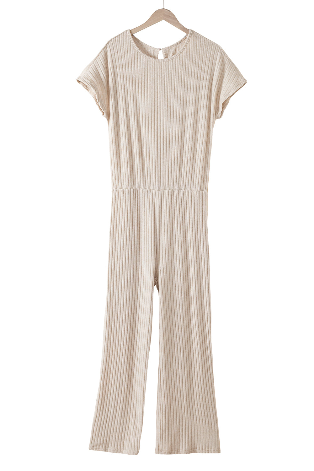 Parchment Solid Color Ribbed Short Sleeve Wide Leg Jumpsuit