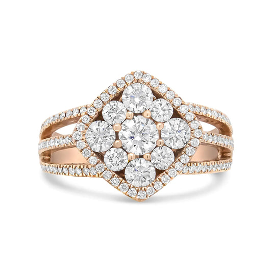 18K Rose Gold Diamond Halo Cluster Split Shank Ring Band