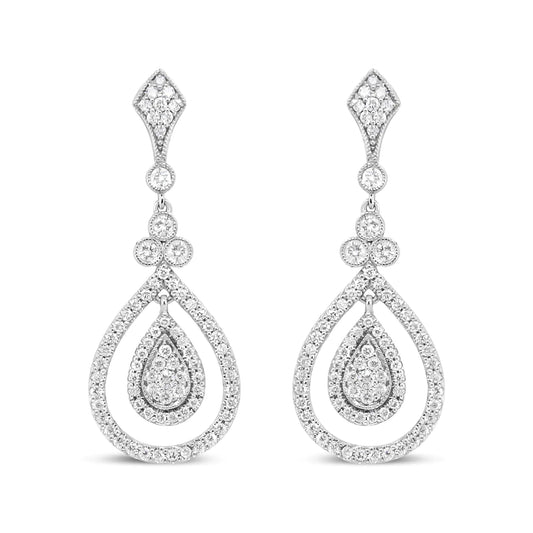 18K White Gold 1 1/4 Cttw Round Diamond Openwork Teardrop-Shaped Dangle Earrings