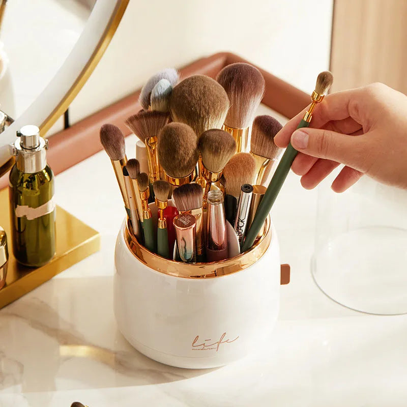 Makeup brush holder storage device with 360 degree rotation