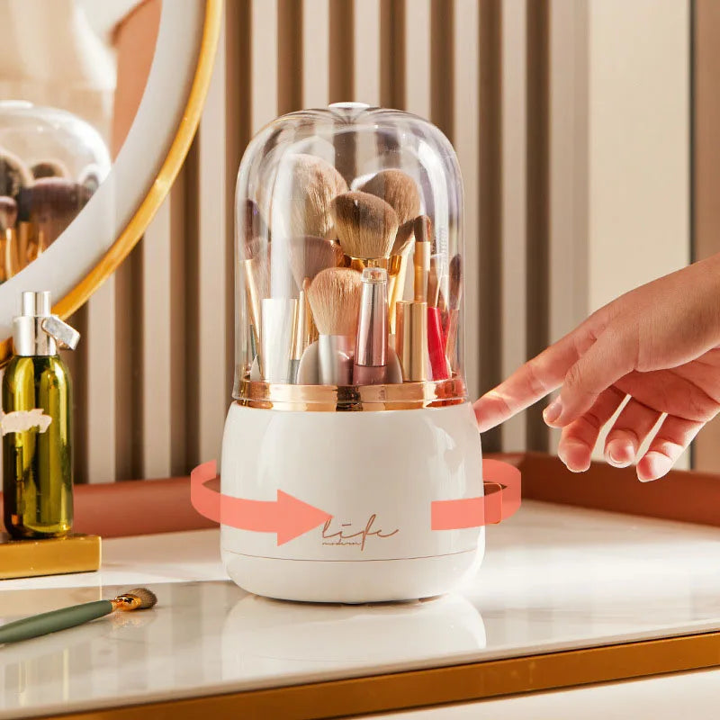 Makeup brush holder storage device with 360 degree rotation