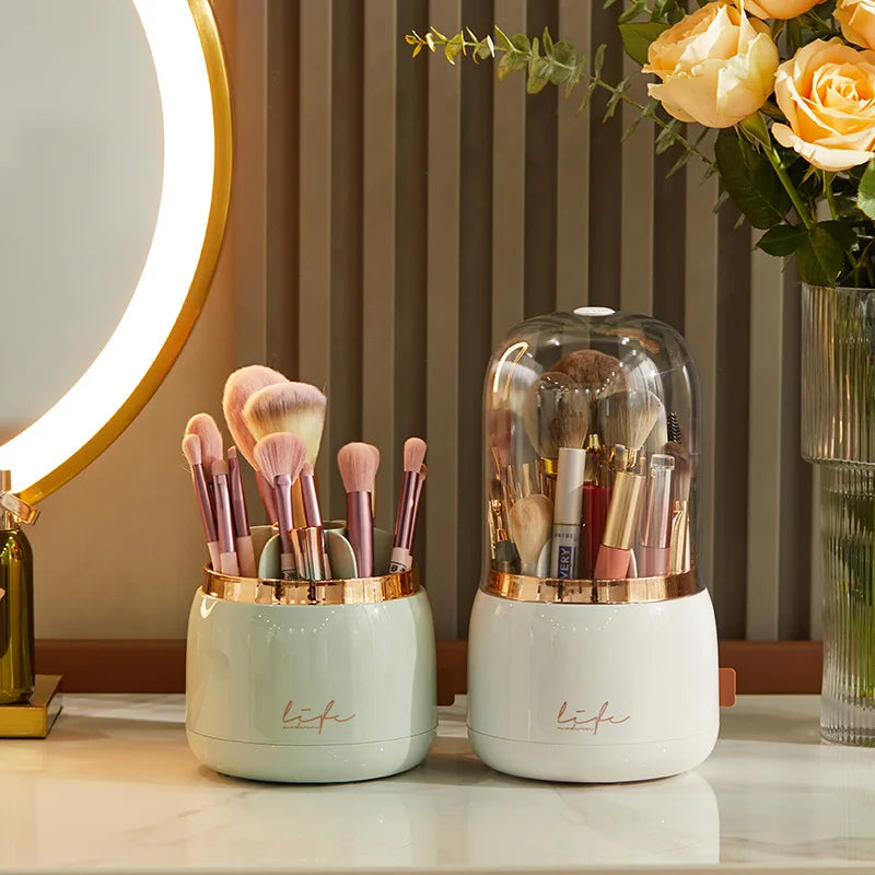 Makeup brush holder storage device with 360 degree rotation