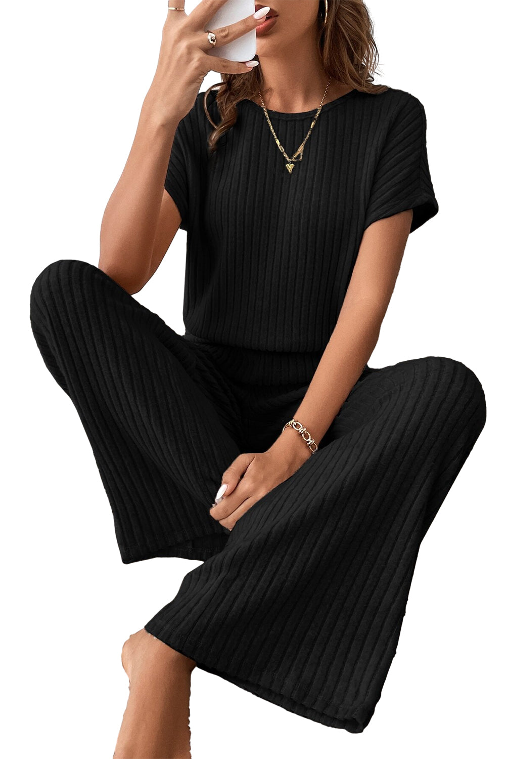 Parchment Solid Color Ribbed Short Sleeve Wide Leg Jumpsuit