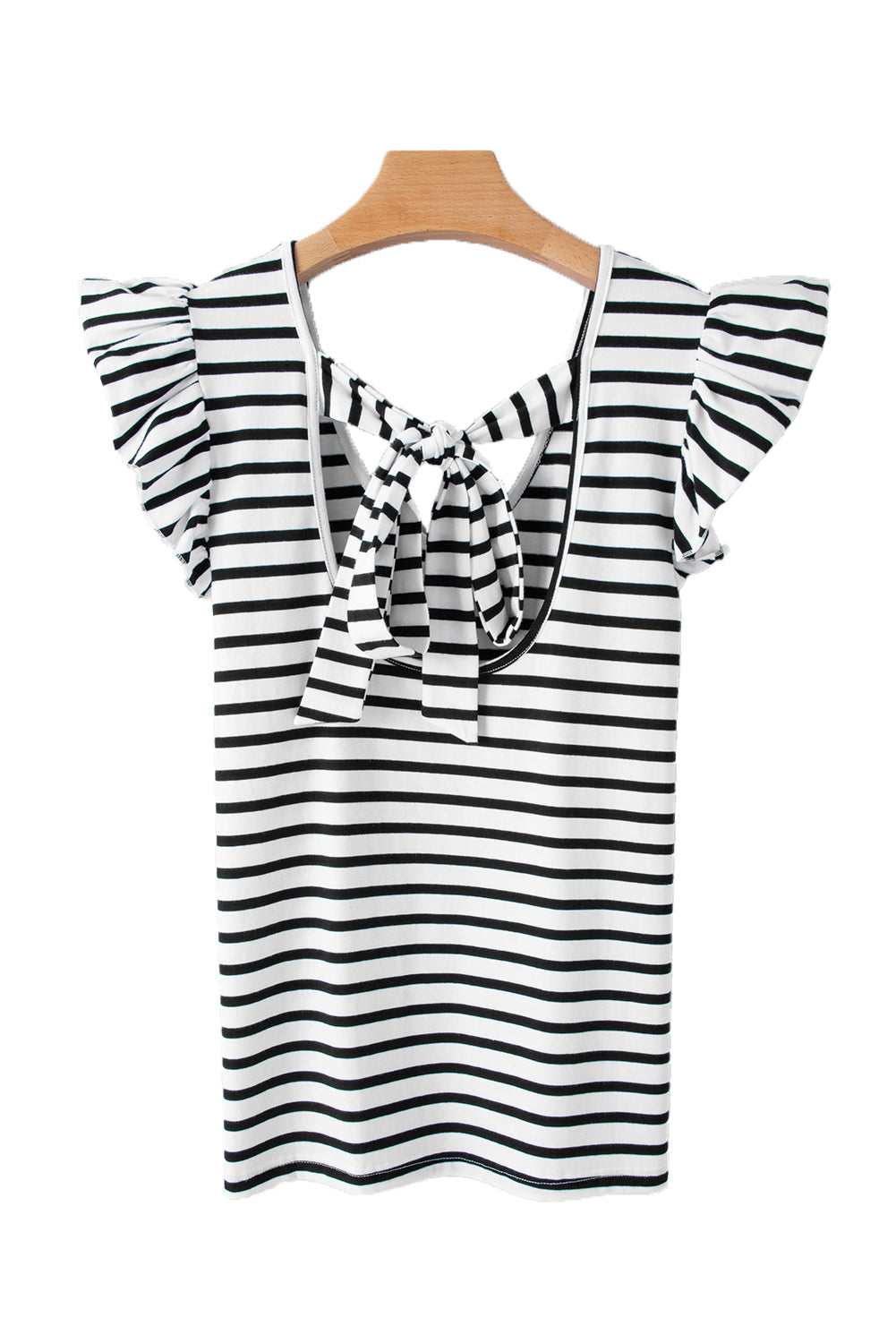 White Stripe V Neck Knotted Backless Ruffle T Shirt