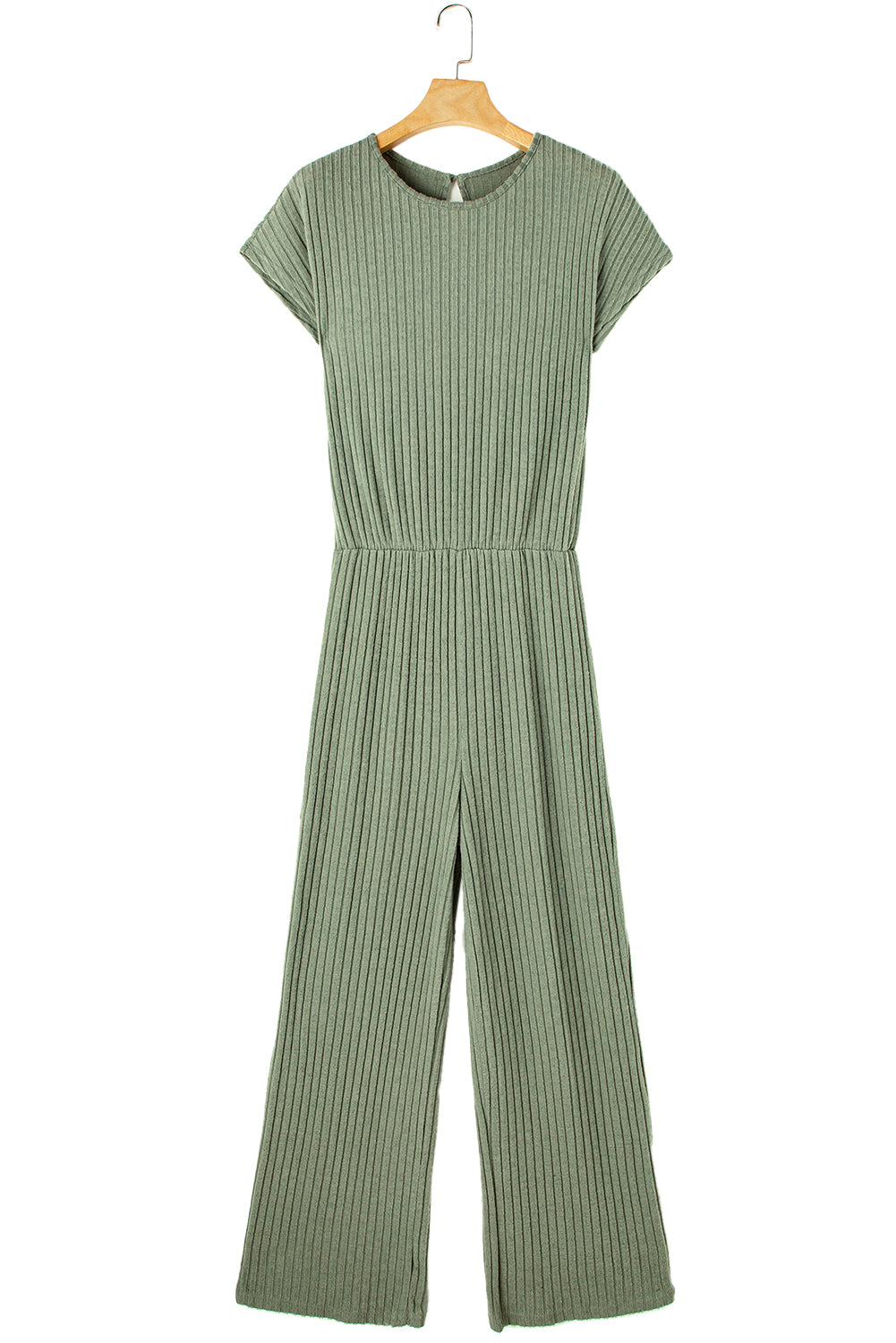 Parchment Solid Color Ribbed Short Sleeve Wide Leg Jumpsuit