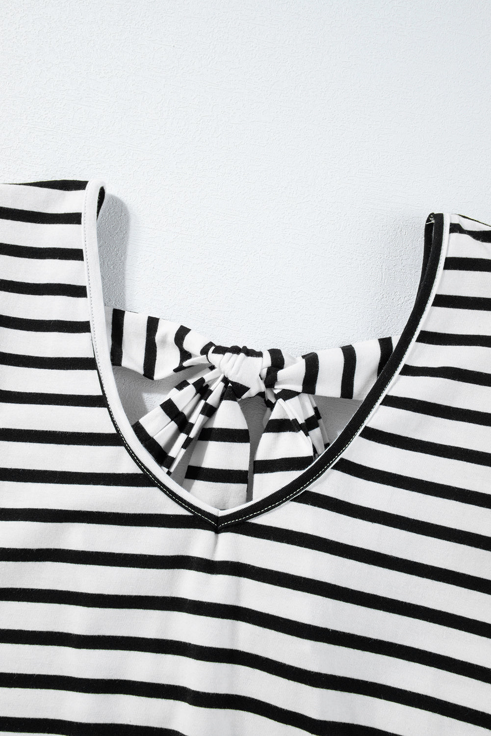 White Stripe V Neck Knotted Backless Ruffle T Shirt