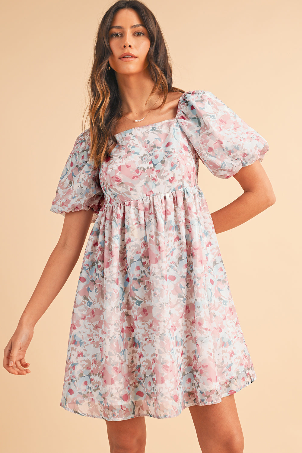 Pink Floral Lantern Sleeve Square Neck Ruffled Mini Dress