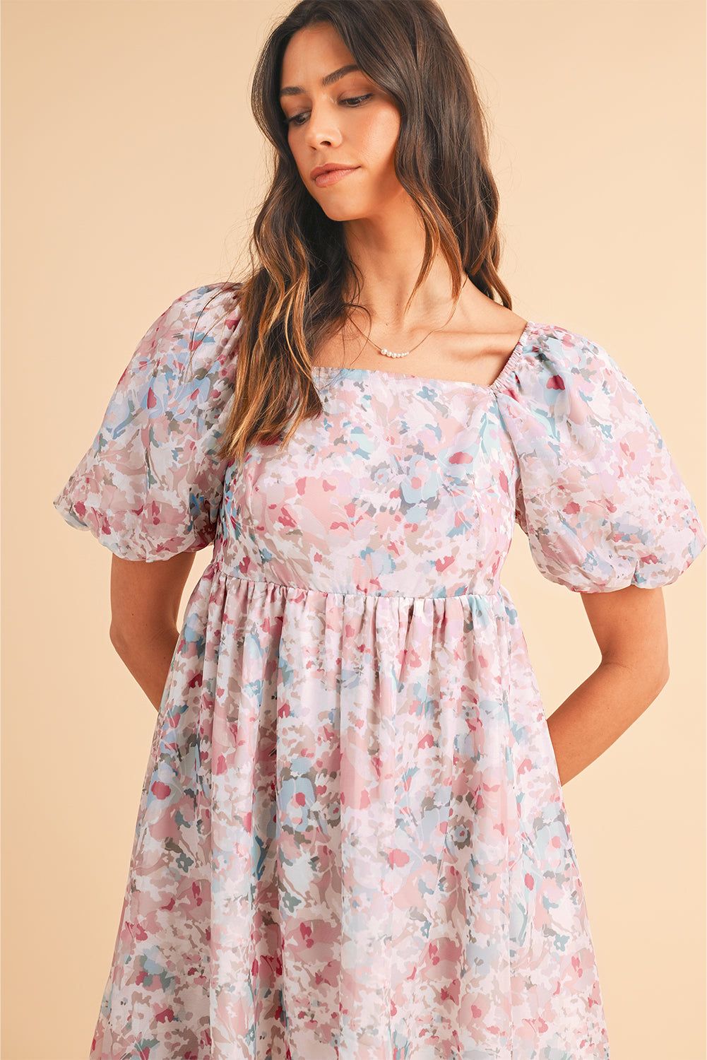 Pink Floral Lantern Sleeve Square Neck Ruffled Mini Dress